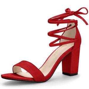 Tie Up Heels Strappy Sandals Chunky High Heel Sandals Red